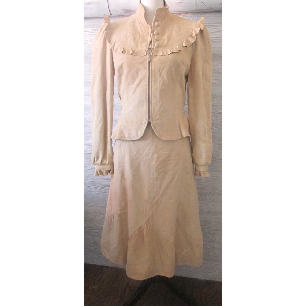 Vtg 70's PIONEER WEAR fit 8 Tan Suede Leather Ruffle Jacket & Skirt Western Boho - Picture 2 of 16